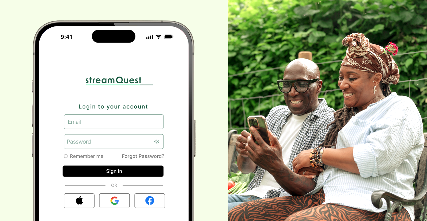 login screen and couple enjoying the streamquest app