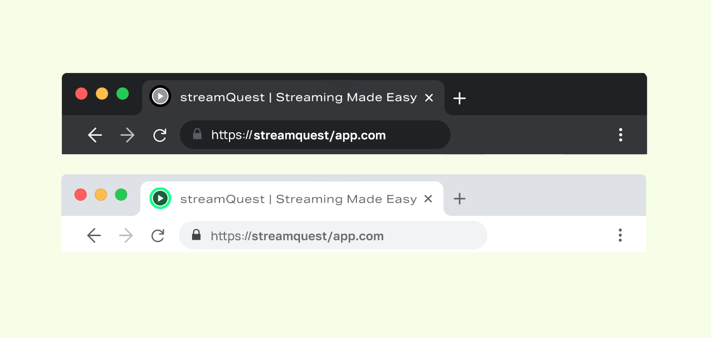 web browsers in light and dark mode for streamquest