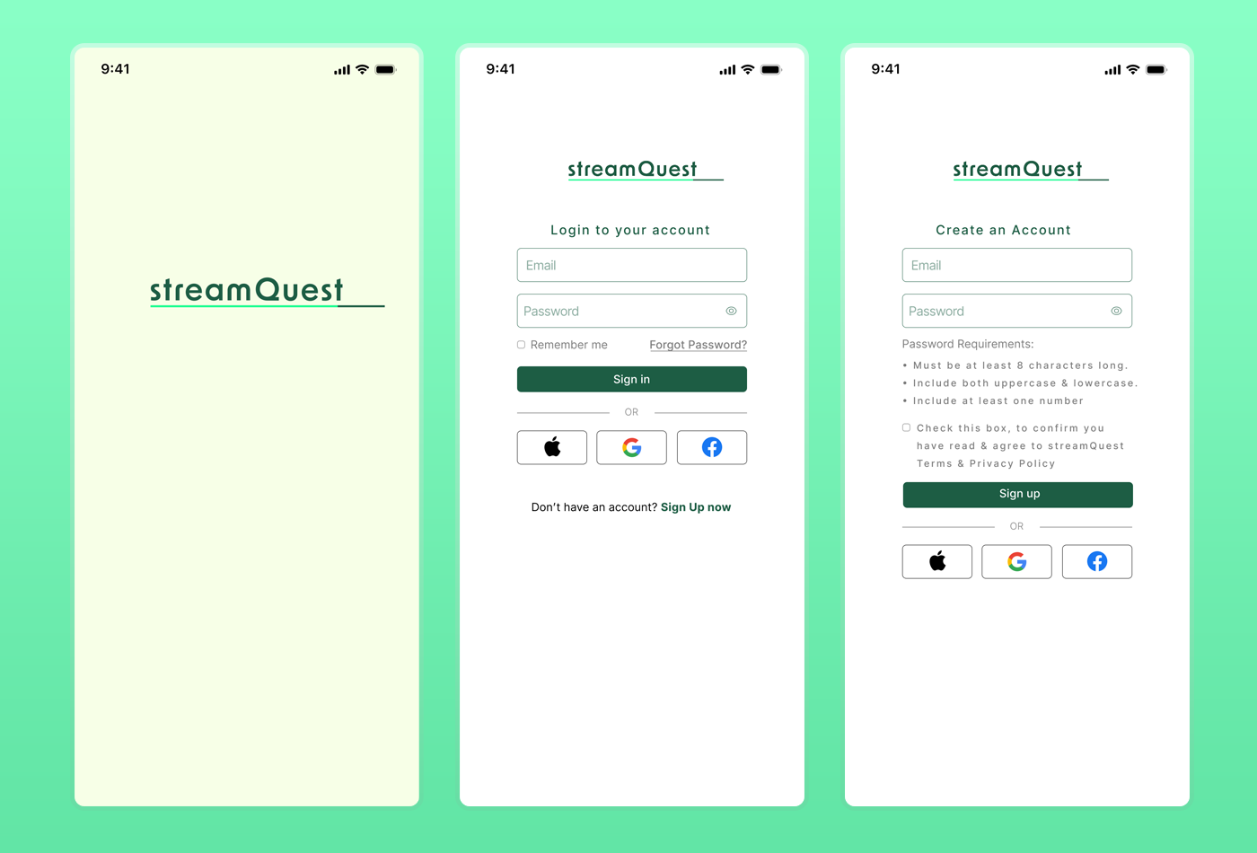 streamquest smartphone screens for splash, login and account creation