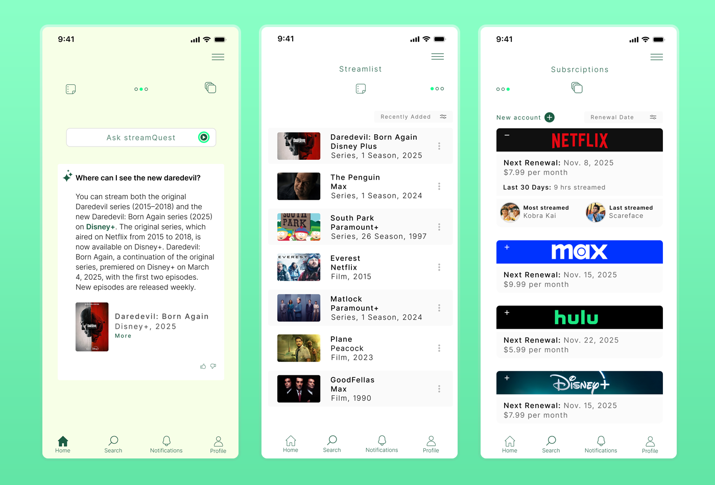streamquest smartphone screens for AI, stream list and subscription screens