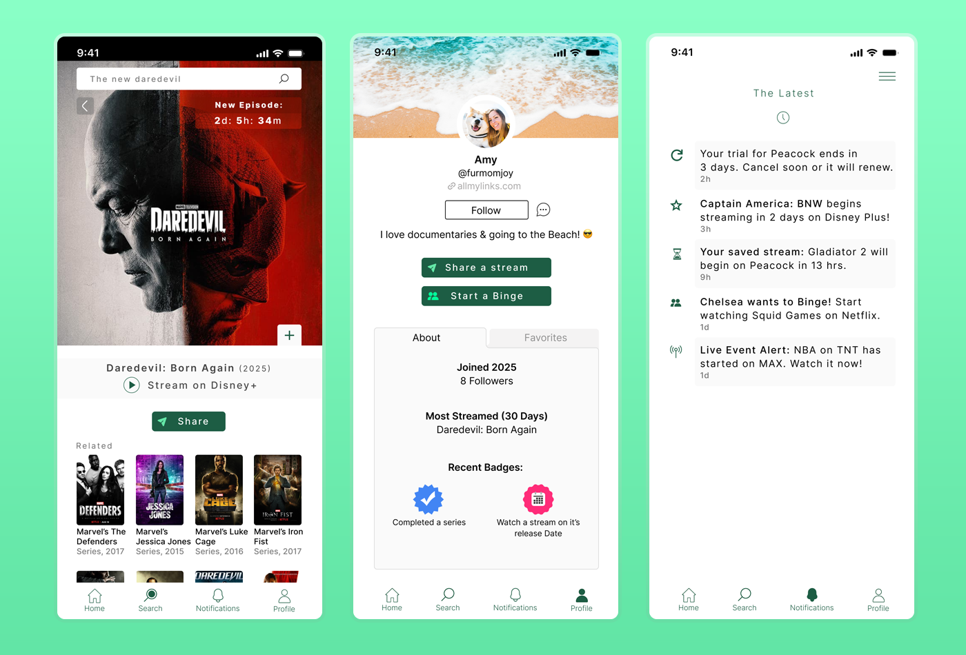 streamquest smartphone screens for results, profille and the latest