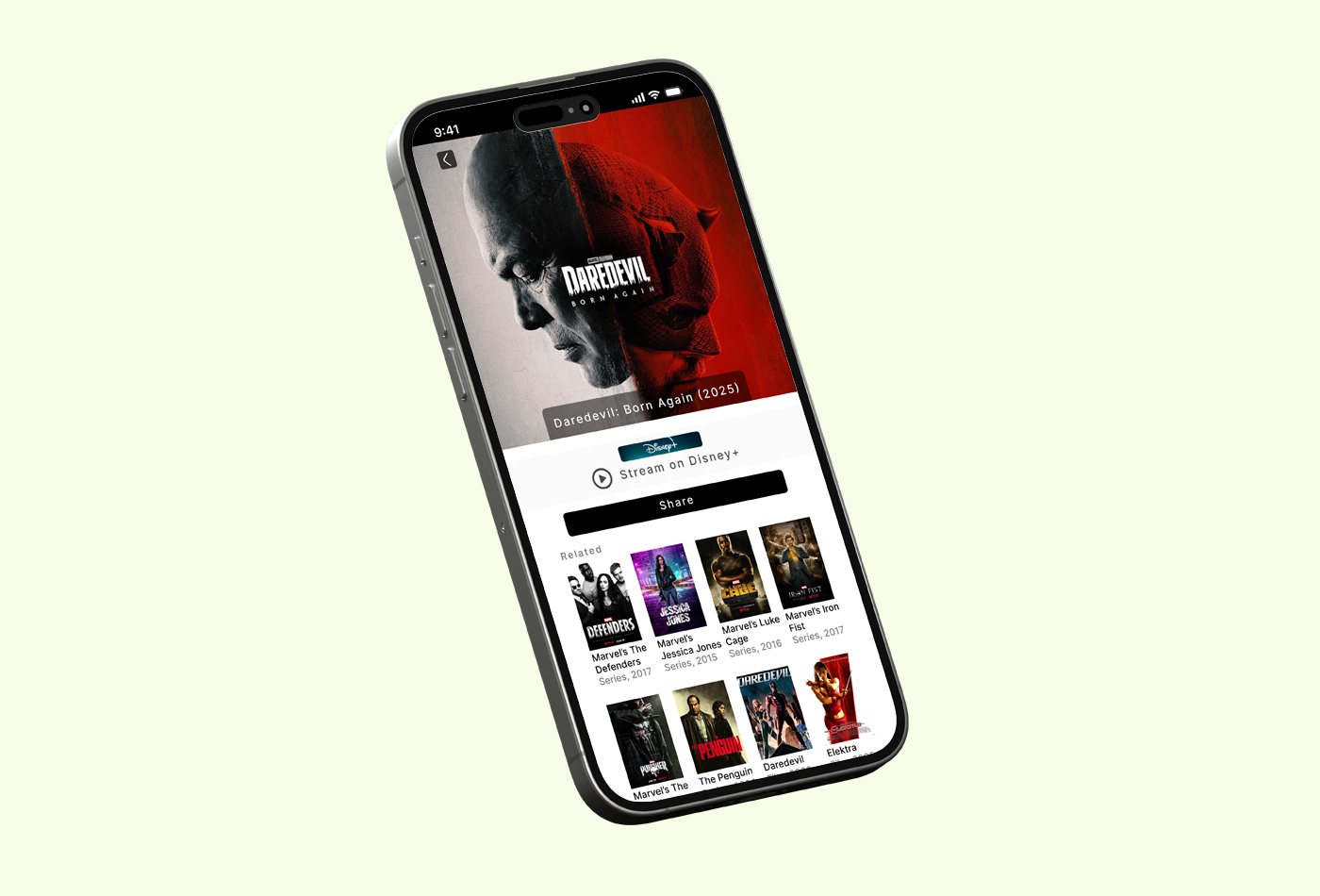 streamquest smartphone screen tilted to the side with results page